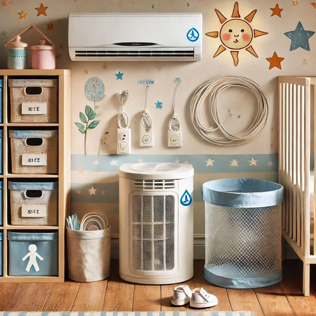 A child-safe nursery setup featuring an air conditioner with vent covers and neatly organized cords, emphasizing safety measures.