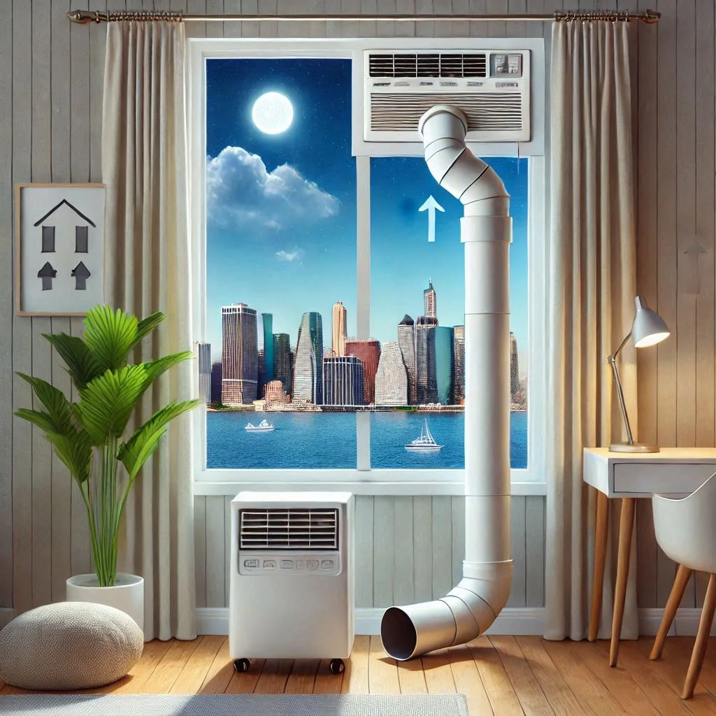 "Image showing the correct installation of a portable air conditioner with a venting kit going out the window."