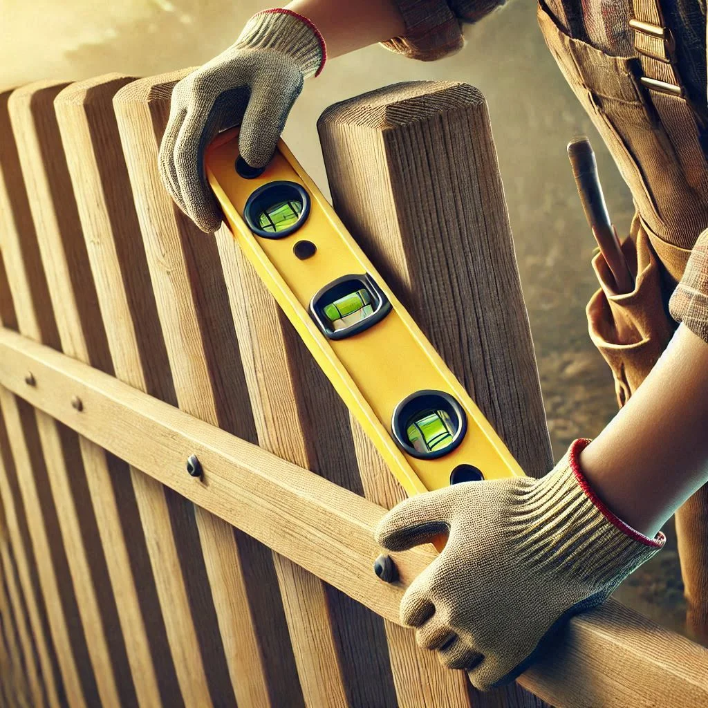 "A person securing a wooden fence post with a level tool to ensure it is straight and aligned during installation."