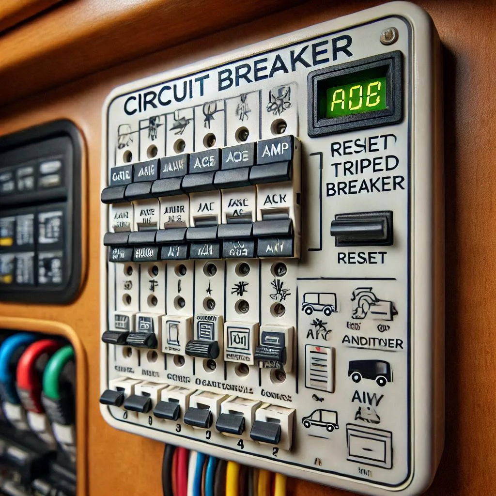 “Image of a circuit breaker panel in an RV, with a focus on resetting a tripped breaker for the air conditioner.”