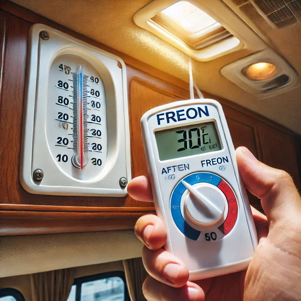 Image showing the temperature of air being measured from an RV’s AC vents after adding Freon, showing noticeable cooling improvement.