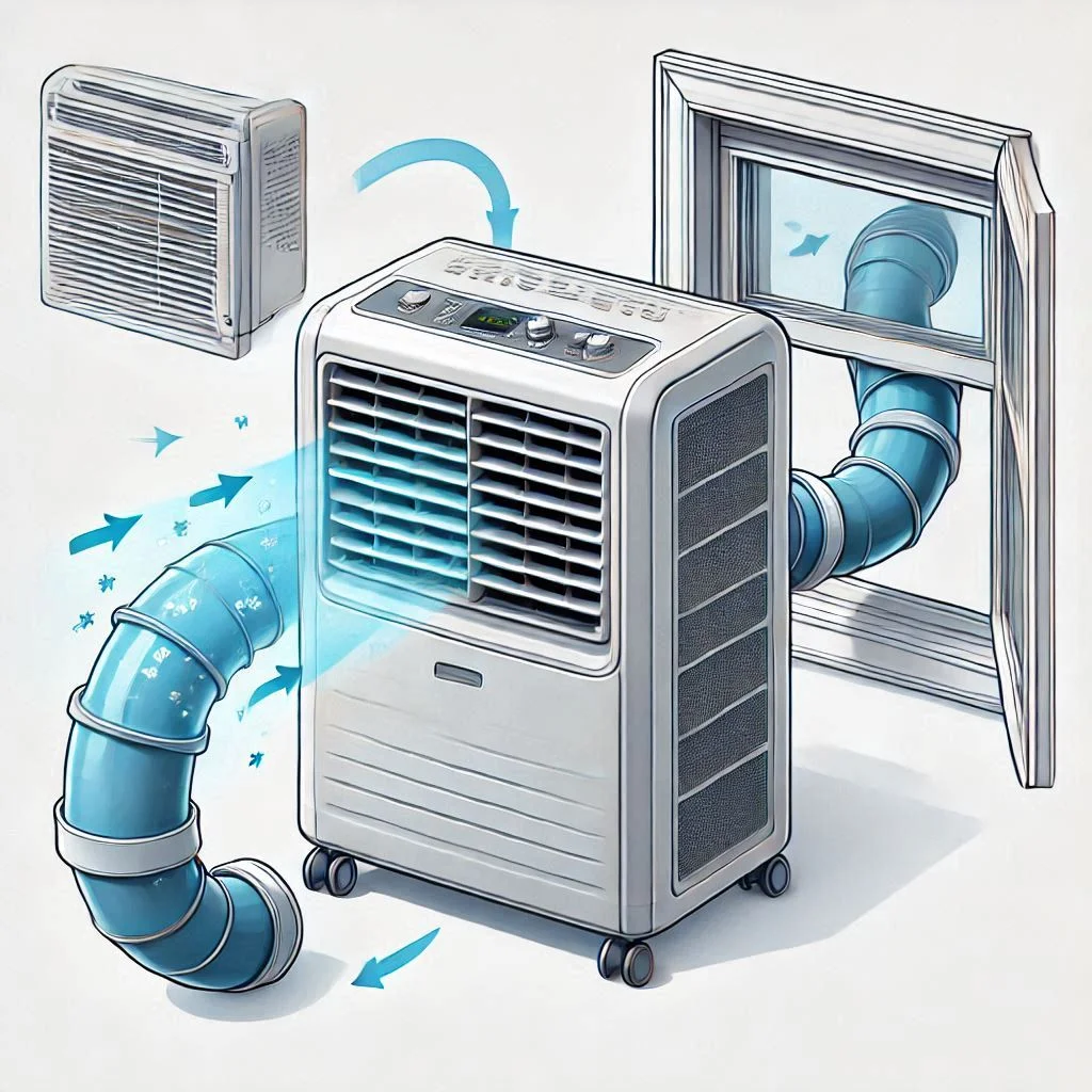 Generate an image of a portable air conditioner with a window venting kit, showing how the exhaust hose is correctly positioned to expel warm air outside.