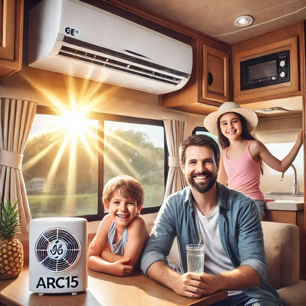 "A smiling family inside their RV enjoying the cool environment provided by the GE® ARC15 Air Conditioner, with sunlight shining through the windows to show how effectively it cools their space."