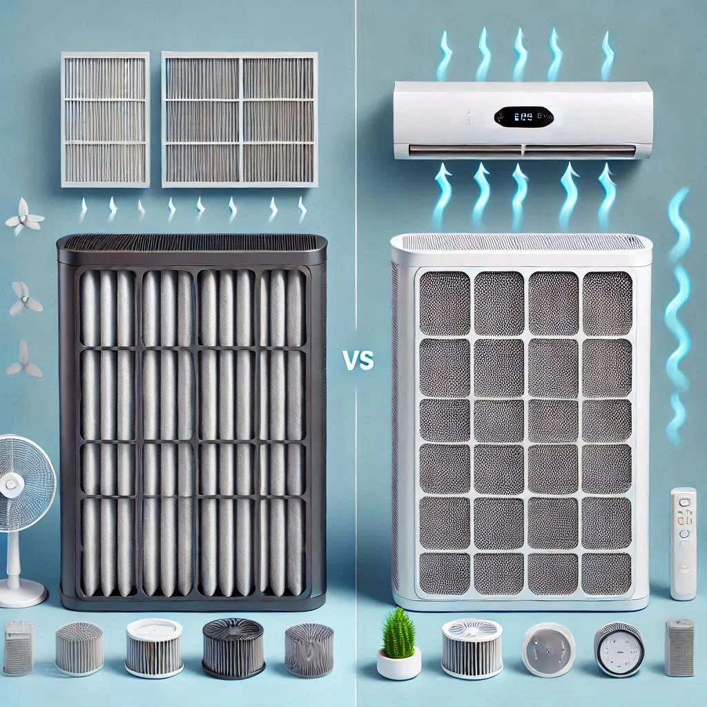 A side-by-side comparison of a traditional AC filter and a standalone air purifier, highlighting the differences in filtration capability.