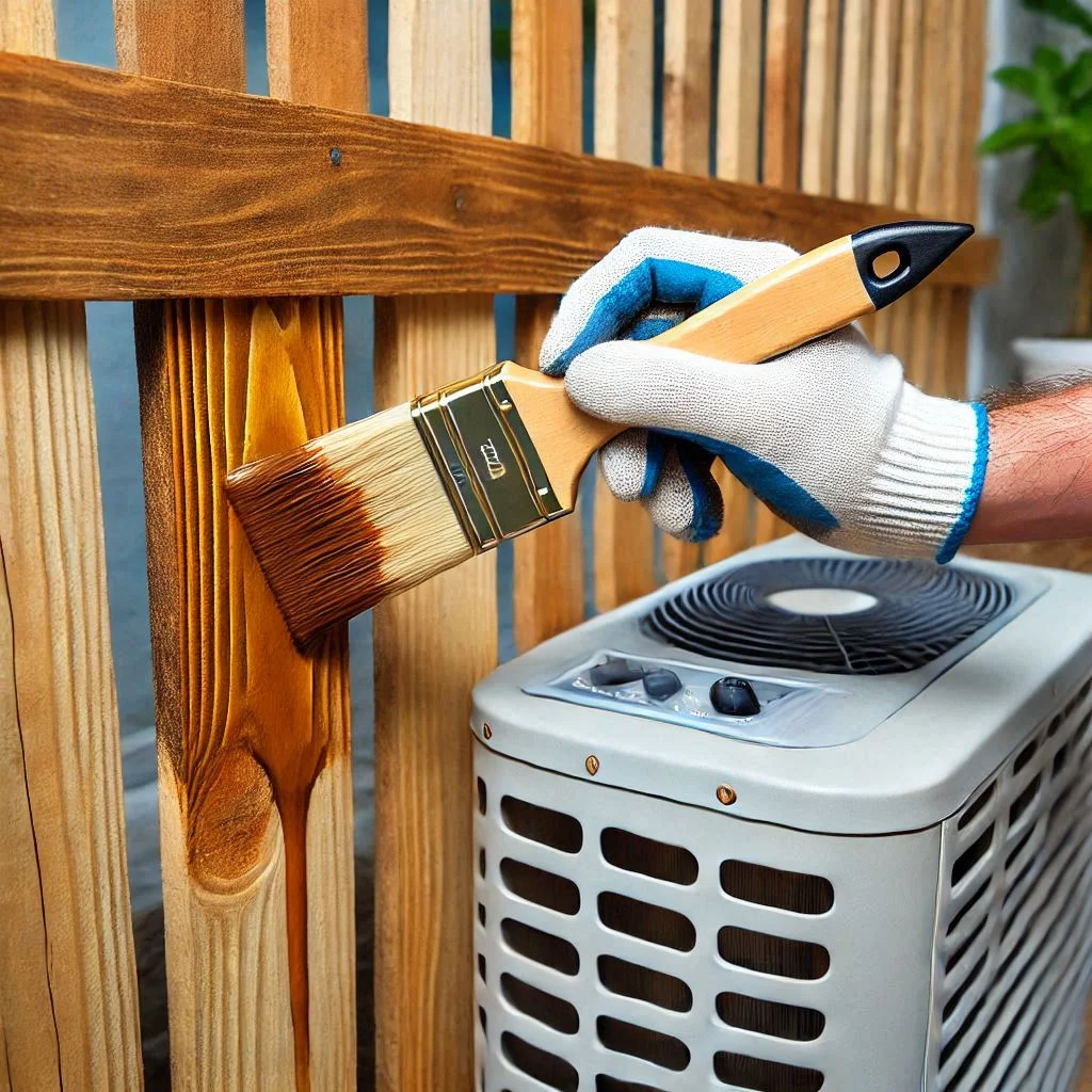 "Close-up of a person applying exterior wood stain to a DIY air conditioner fence, with a brush and wood grain visible."