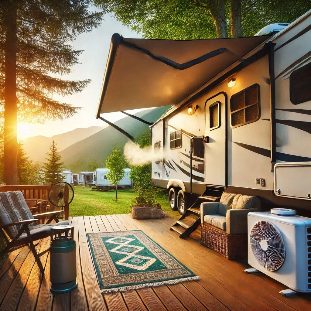 "An RV parked at a campsite with the air conditioning running, showing a peaceful outdoor environment."