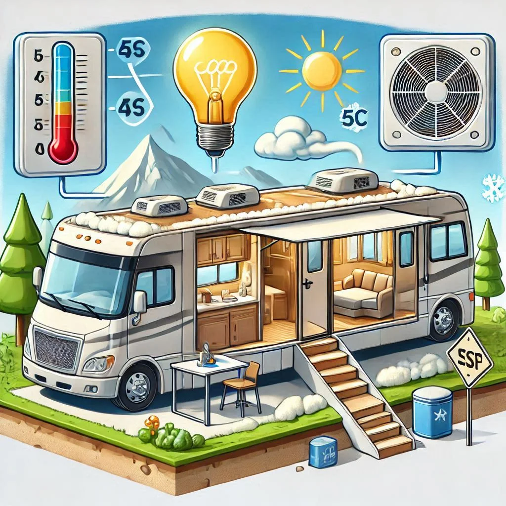 "Illustration showing the benefits of improving insulation in an RV to improve AC efficiency"