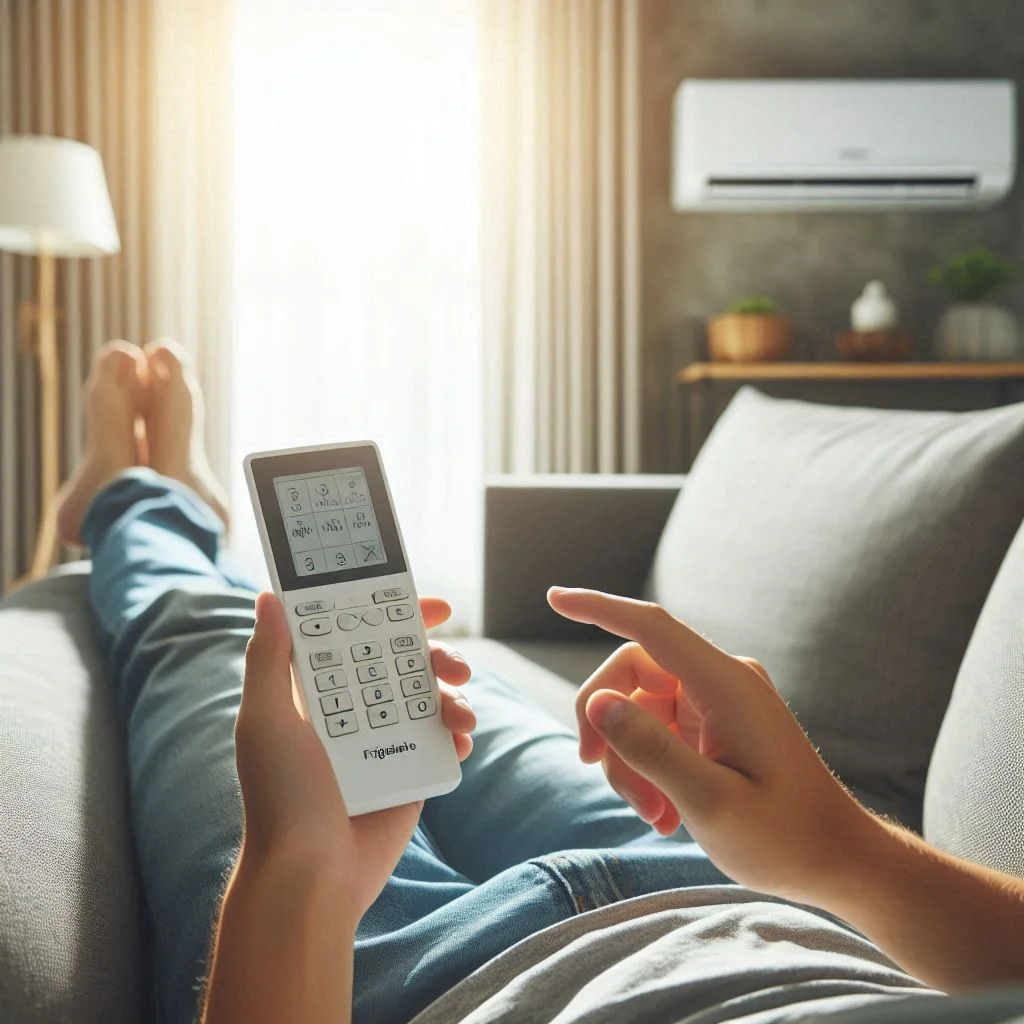 A person comfortably using a Frigidaire remote to adjust the settings of their air conditioner from a distance, demonstrating the convenience of remote control.