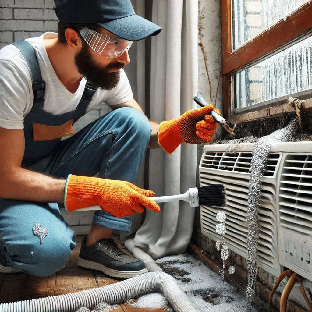 "An image of a technician cleaning the drainage system of a window air conditioner, using a small brush to remove debris from the drainage tube."