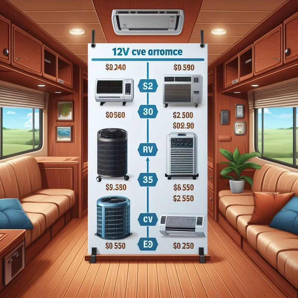 "A comparison chart showing the price ranges of 12V RV air conditioners with corresponding features and benefits, set against a background of an RV interior."