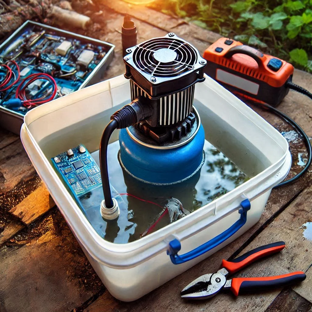 "A submersible water pump placed at the bottom of a water container, ready for installation in a DIY camping air conditioner project."