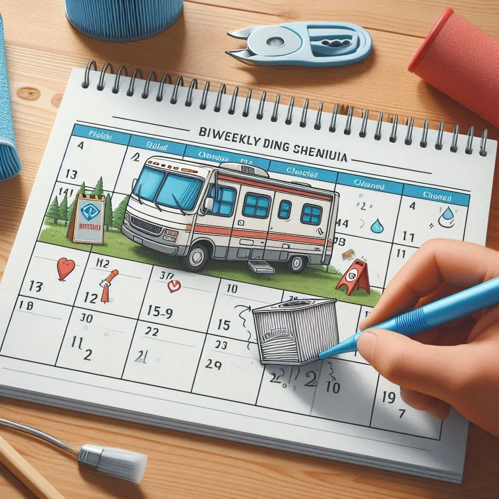 A calendar highlighting a biweekly cleaning schedule with an RV AC filter being checked and cleaned.