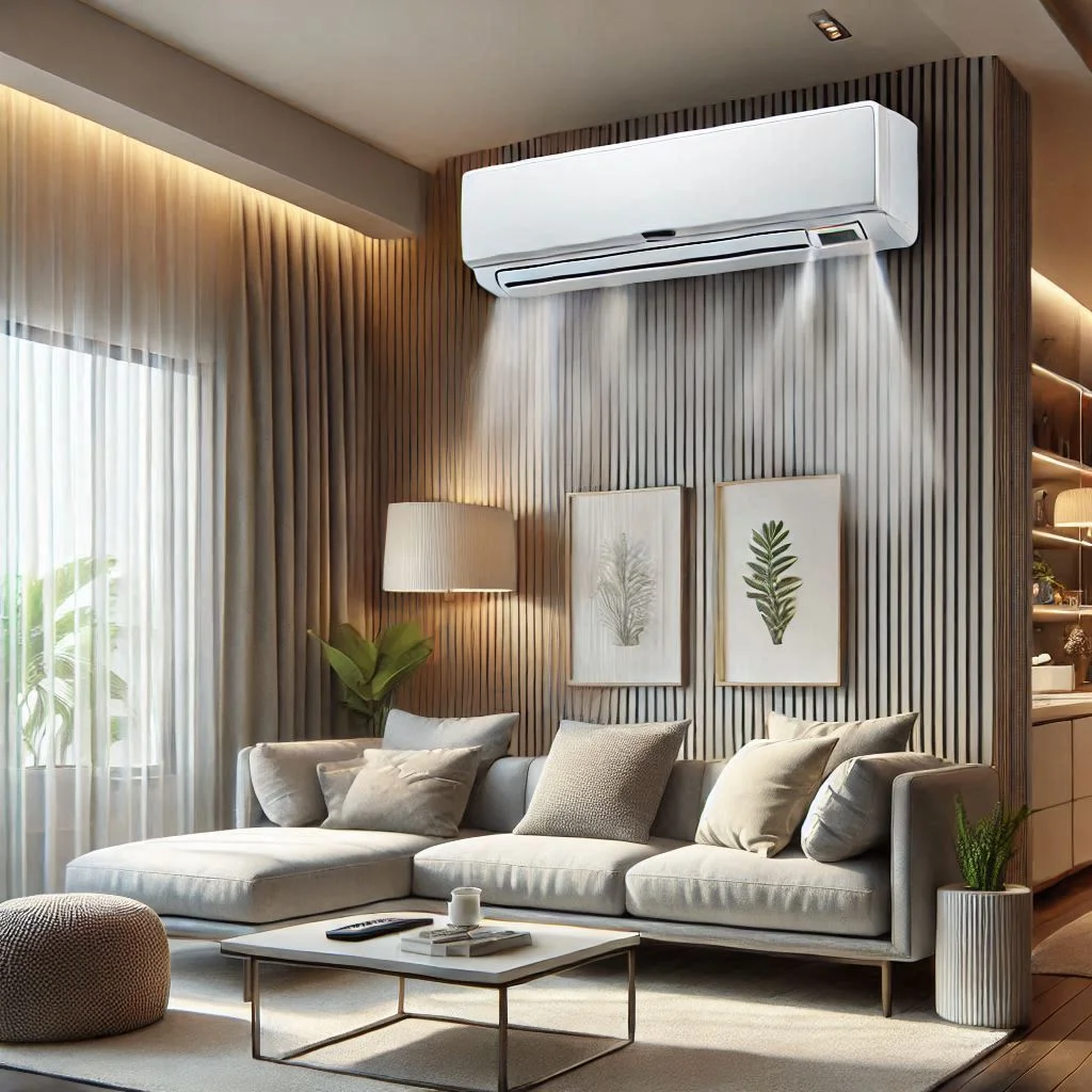 "Image of a split-system air conditioner mounted on a wall in a modern living room. The image should showcase cool air blowing and a comfortable indoor environment."