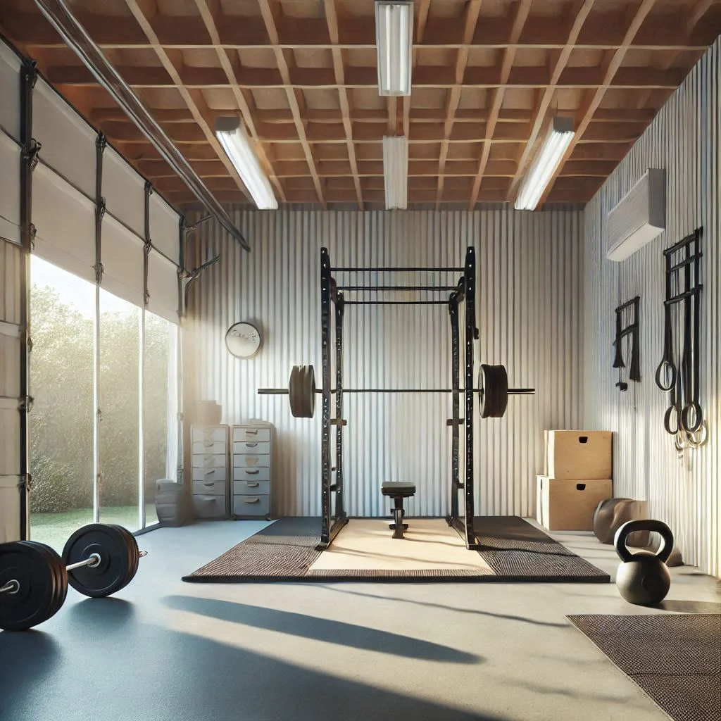 A garage gym with freshly painted light-colored walls, reflecting heat and promoting a cooler environment.