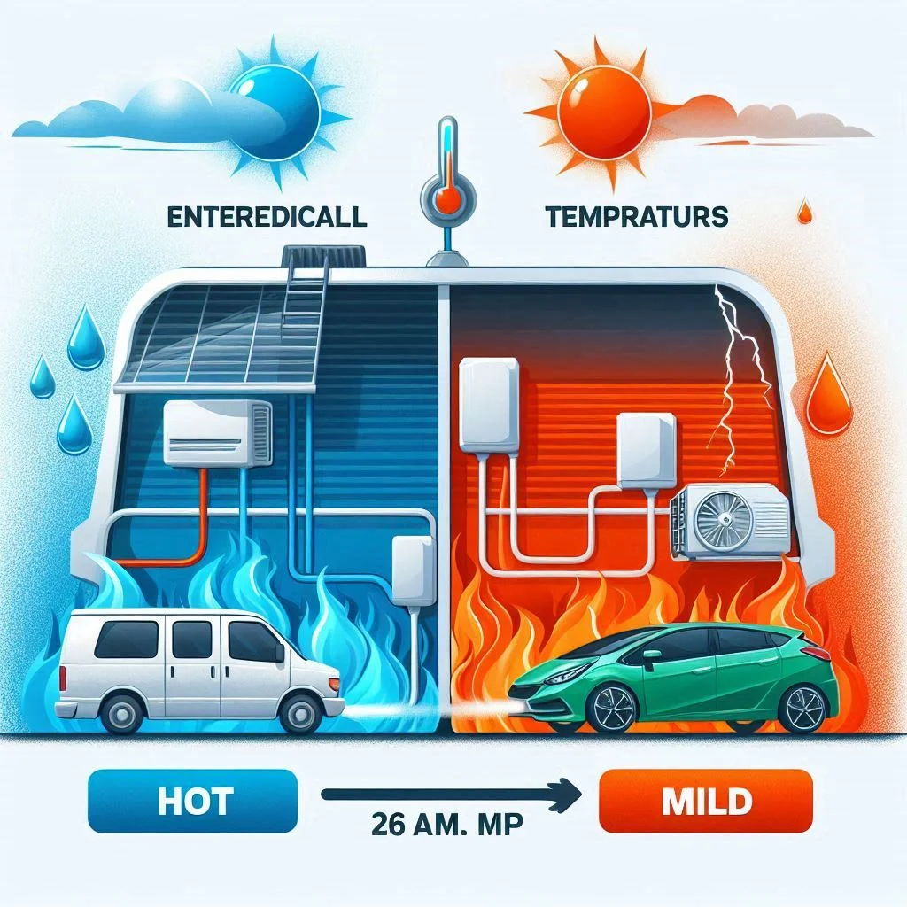 An illustration showing how external temperatures (hot vs. mild) impact the wattage consumption of an RV air conditioner.