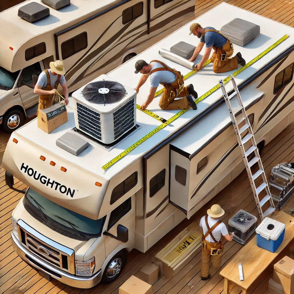 "An image showing the step-by-step process of installing a Houghton RV air conditioner on the roof of an RV. Show the technician measuring, sealing, and securing the unit in place."