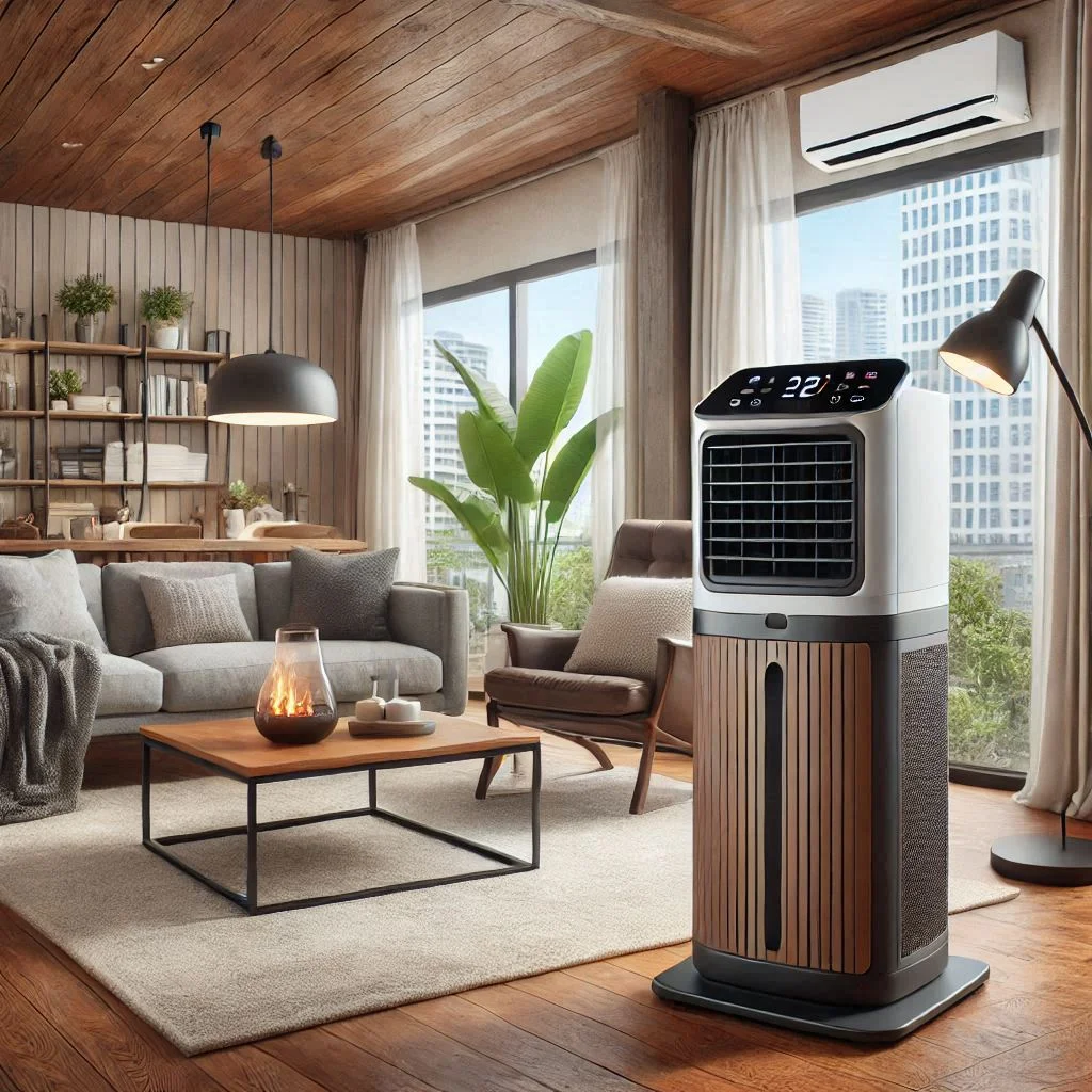 "BLACK+DECKER BPACT14WT Portable Air Conditioner and Heater in an open-concept living area, showcasing its portability and dual functions."