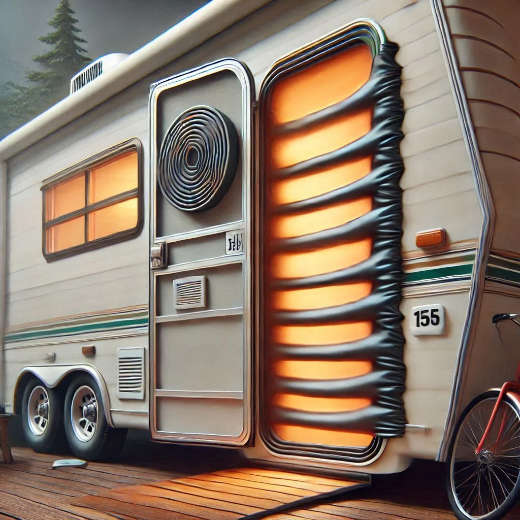 "An RV door sealed with weather stripping and closed tightly to trap cool air inside, creating a more energy-efficient and comfortable living space."