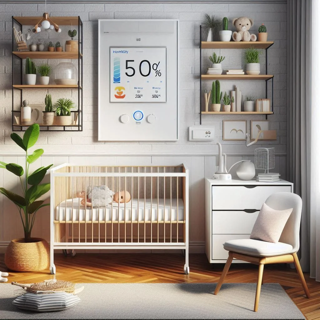 A modern nursery with a digital hygrometer reading 50% humidity and an air conditioner featuring a dehumidifier function.