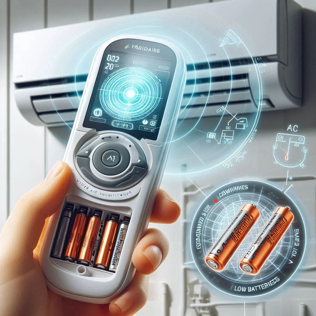 Frigidaire air conditioner unit with a clear line of sight to the remote sensor, illustrating the infrared communication between the remote and the AC.