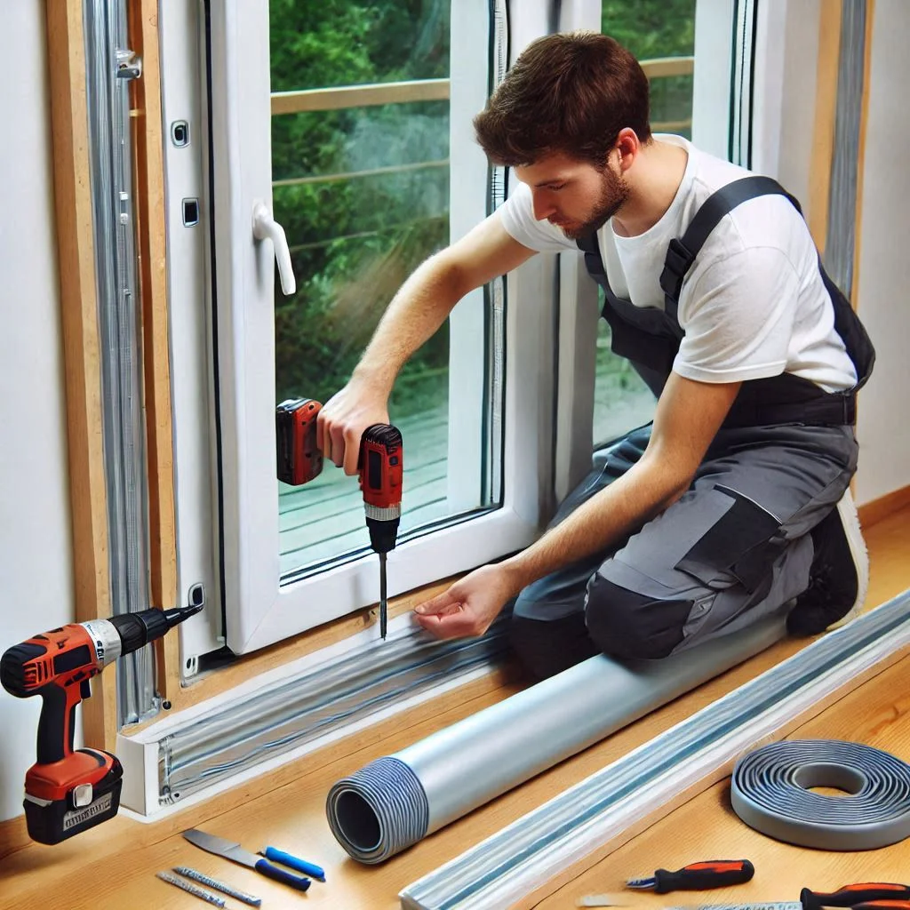 A fully assembled DIY window seal panel being installed into a window frame, with the vent pipe connected.