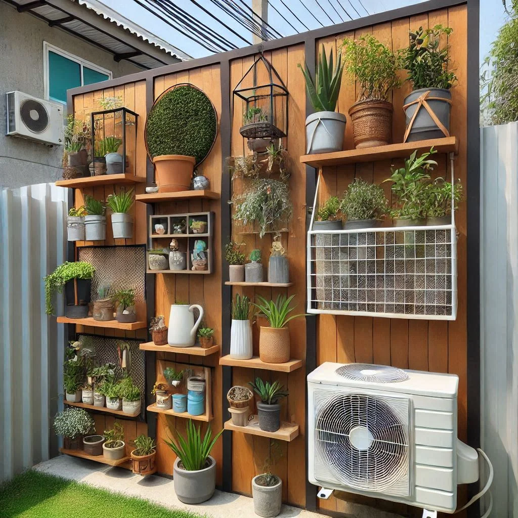 "A vertical storage unit attached to the side of a DIY air conditioner fence, with shelves holding plants and decorative items."