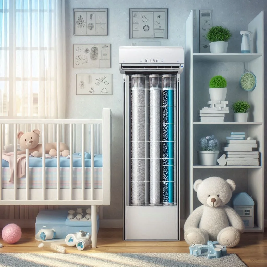 A clean nursery with an air conditioner showcasing a visible multi-stage filtration system, highlighting its HEPA and activated carbon filters.