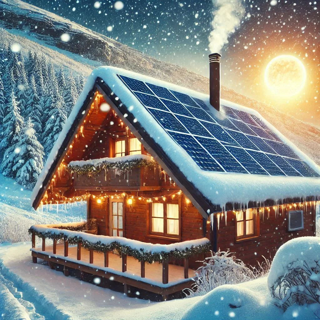 "Photo of solar panels in winter with snow on top, illustrating the effects of cold weather on solar panel performance."