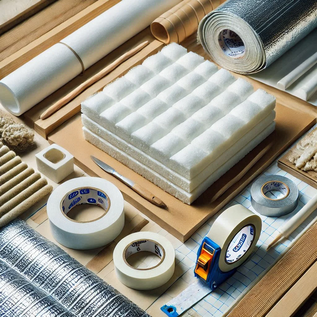 A detailed shot of recommended materials like polystyrene board, insulation foil, and duct tape laid out on a table.