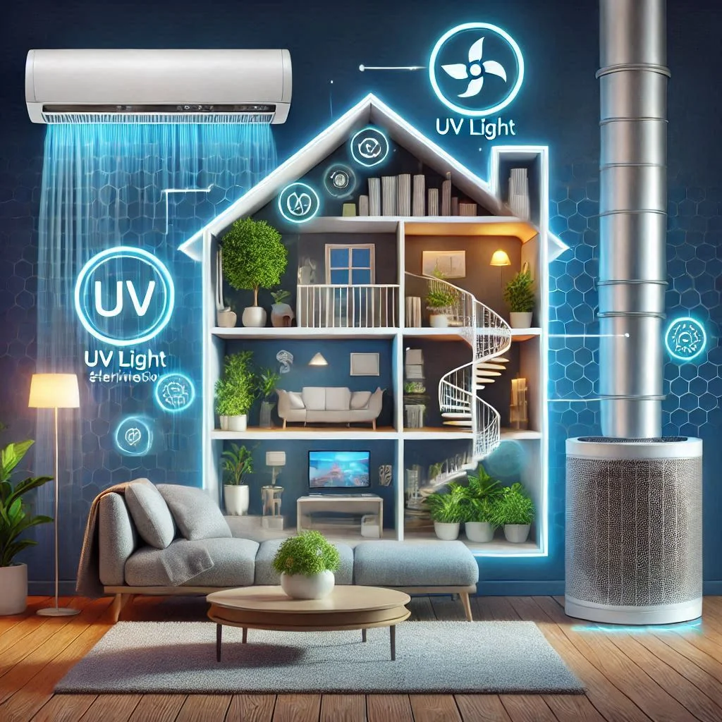 "A modern air purifier integrated into a home's HVAC system, illustrating advanced features like UV light sterilization and activated carbon filtration."