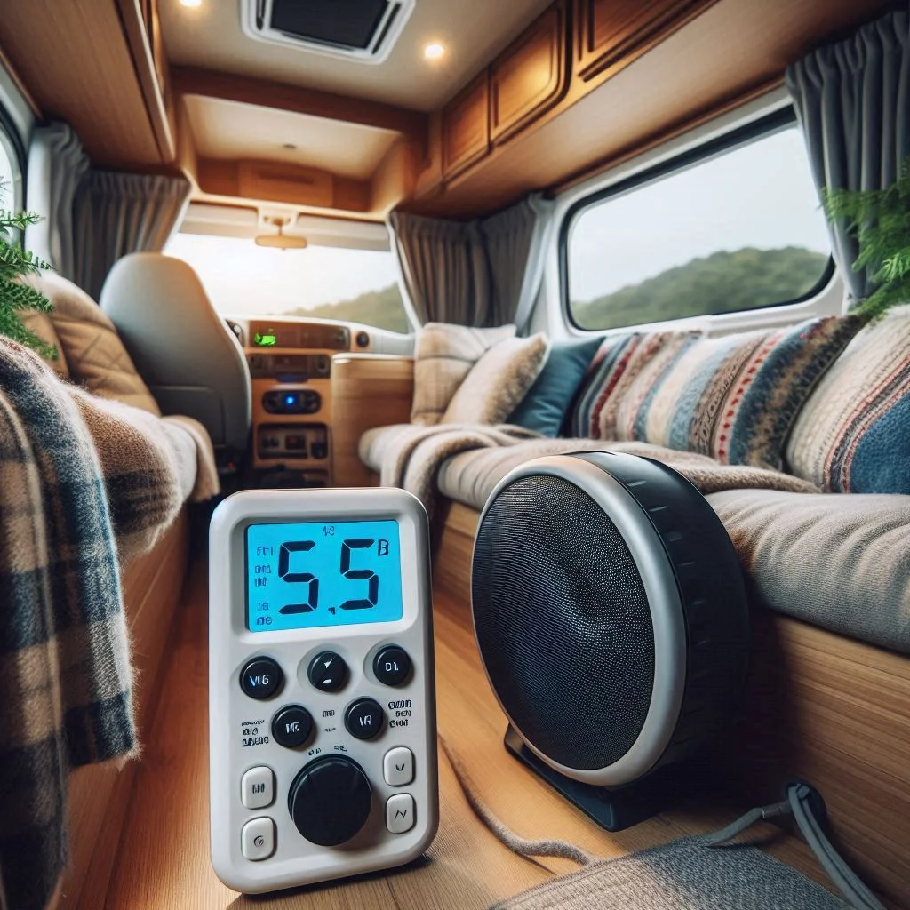 A cozy camper van interior with a quiet portable air conditioner running, and a sound-level meter showing under 55 dB.