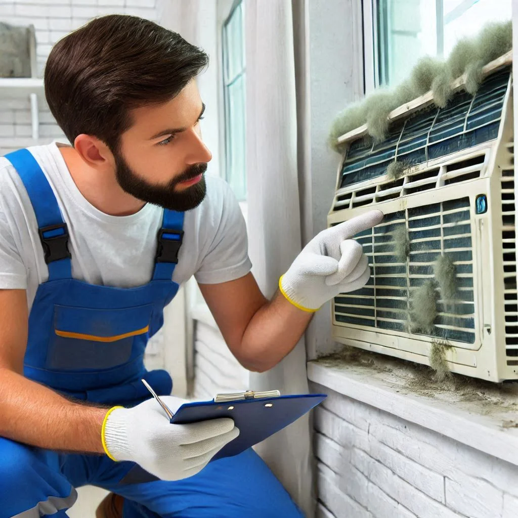 "A professional HVAC technician inspecting and servicing a window air conditioner, ensuring it remains mold-free and efficient."