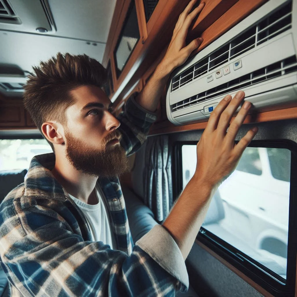 A camper inspecting air vents inside an RV, feeling for cool air after resetting the AC unit.