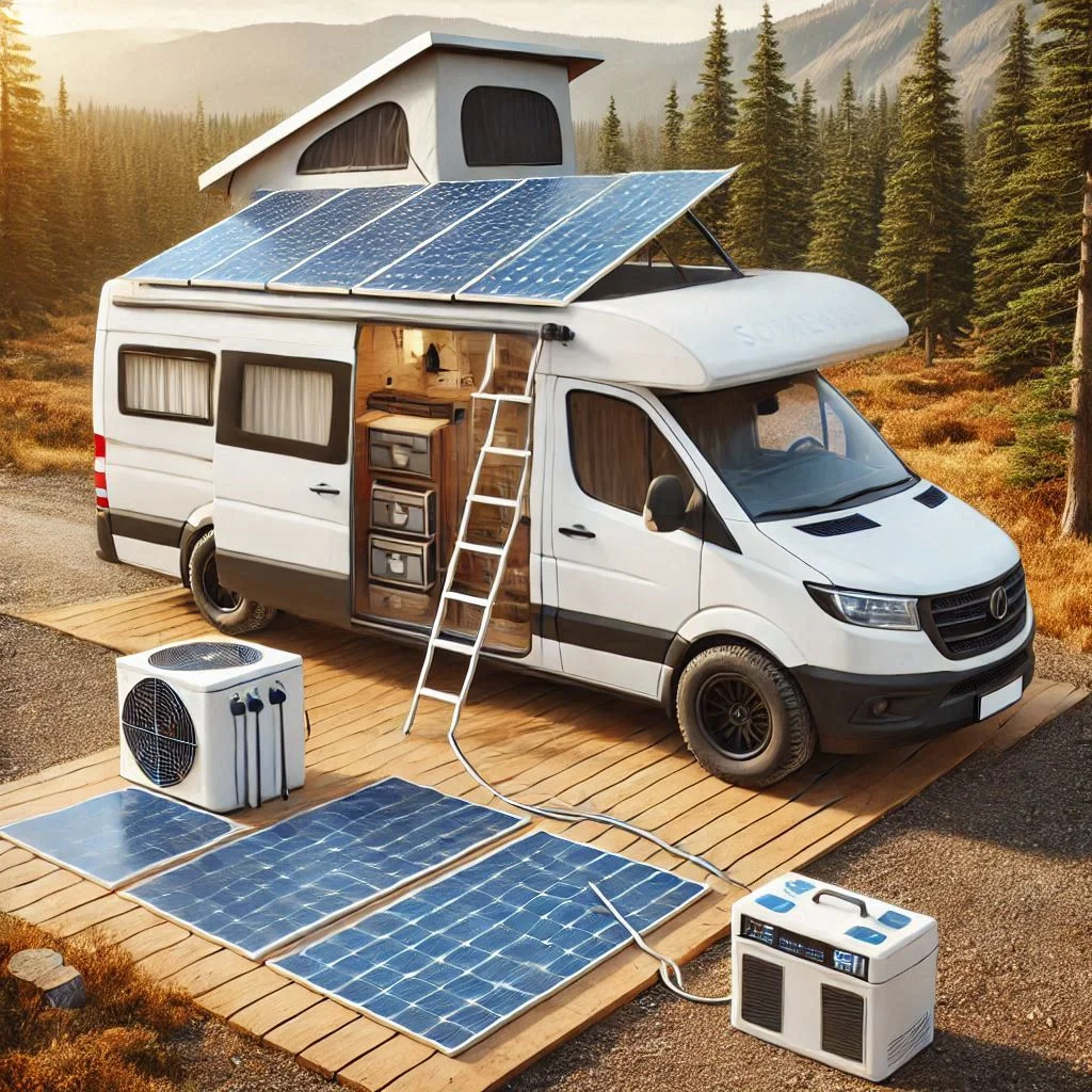 A camper van setup with solar panels and a battery system powering a portable air conditioner.