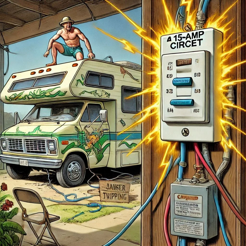 "An RV powered by a 15-amp circuit, showing a breaker tripping due to overloading from the air conditioner."