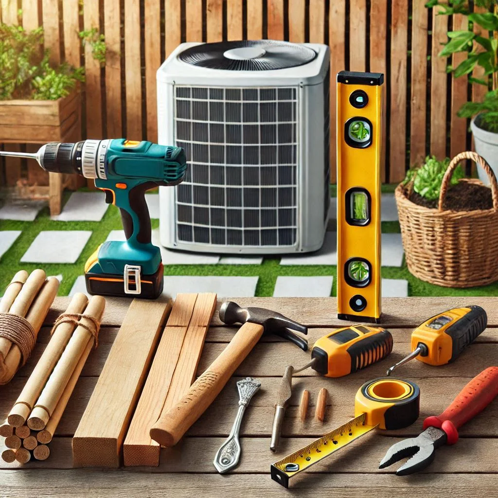 "Tools for building a DIY air conditioner fence, including a drill, post hole digger, level, hammer, and measuring tape, all laid out on a work surface with wooden slats and fence posts in the background."