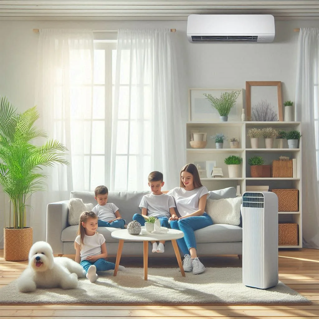 A family relaxing in a clean, bright living room with an air purifier running, symbolizing improved air quality.