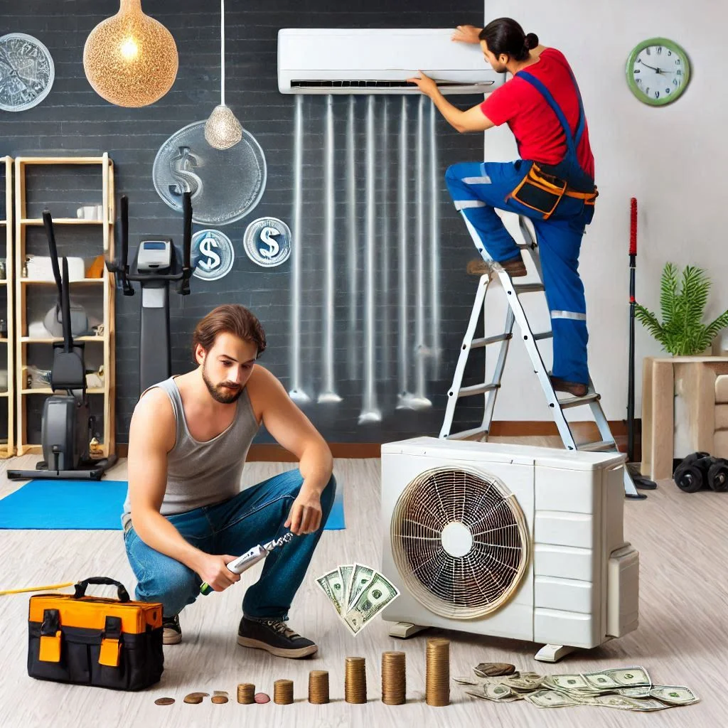 A breakdown of AC installation costs or a professional technician installing a mini-split AC in a garage gym.