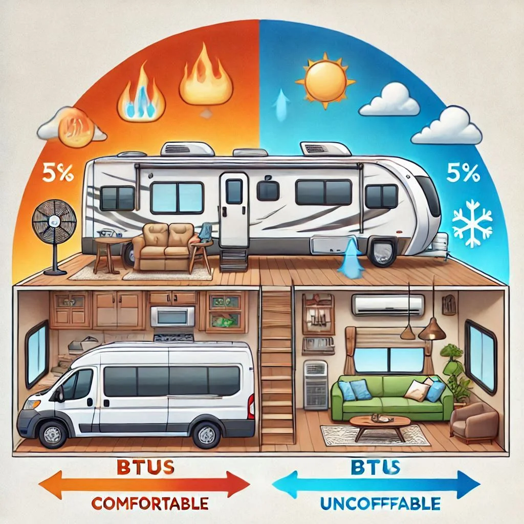 An image illustrating the relationship between BTUs and the cooling and heating effects on the RV interior, showing comfortable vs uncomfortable environments.