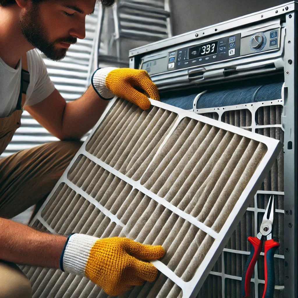 "Close-up image showing a technician removing an AC filter for cleaning."