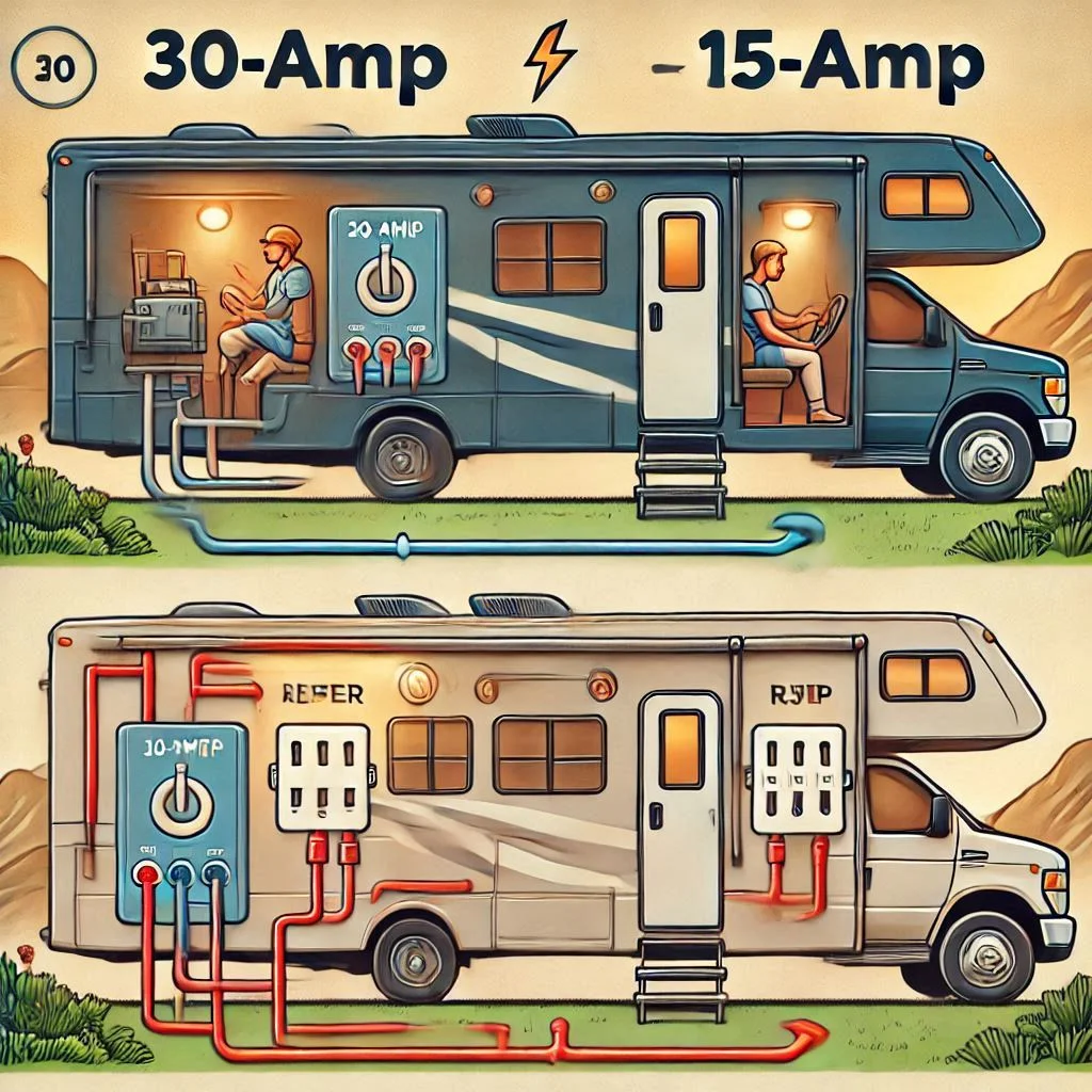 "An illustration showing the difference between a 30-amp and a 15-amp power circuit in an RV."