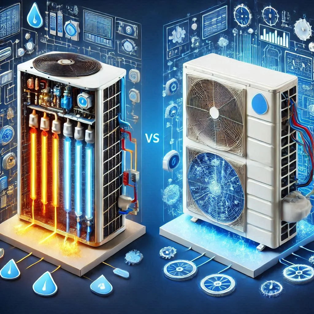 "A side-by-side visual of heat pump and air conditioner functions, showing both heating and cooling capabilities of heat pumps."