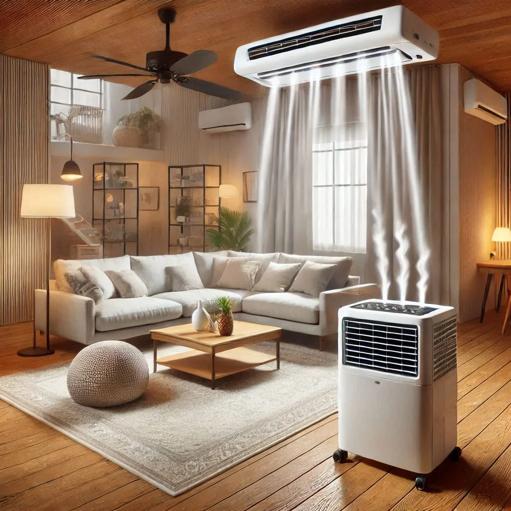 "A budget portable air conditioner cooling a large living room, demonstrating the unit's cooling capacity in a spacious area."