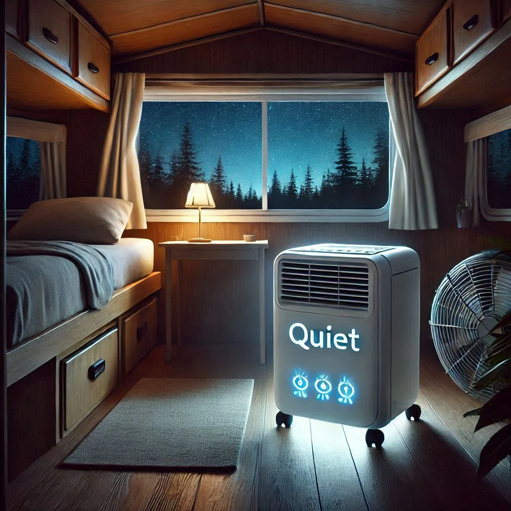 A serene camper night scene showing a quiet portable AC running in the corner with noise-reduction features highlighted.