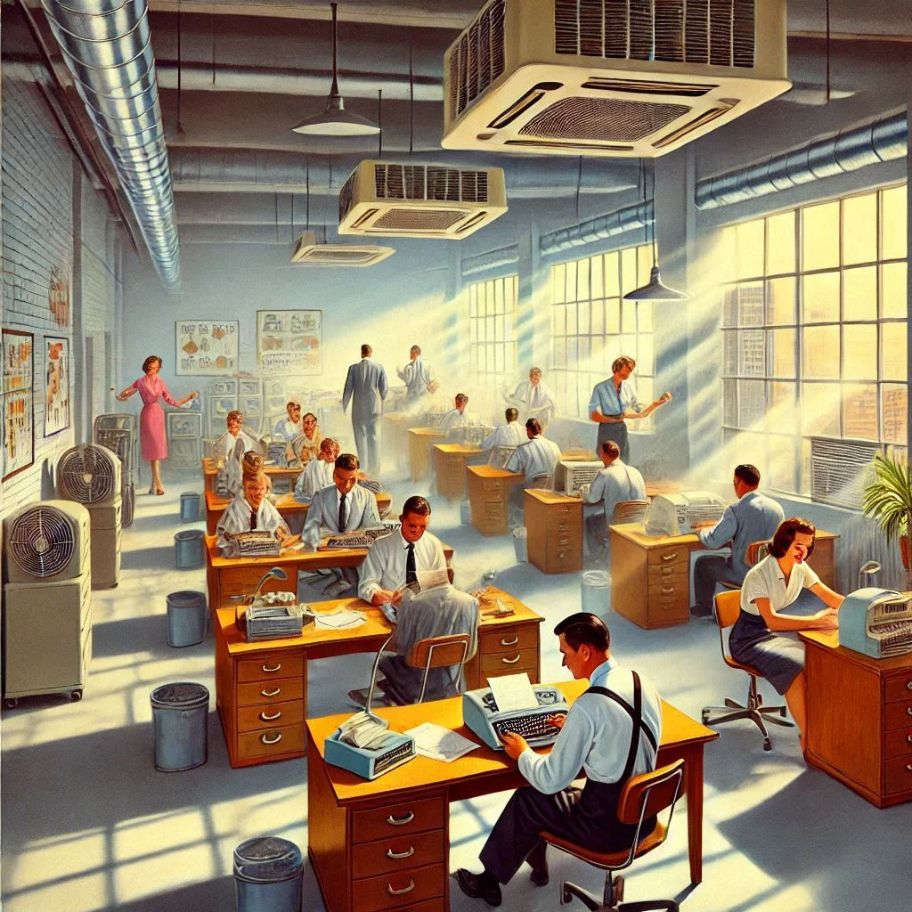 A 1960s office environment with employees working comfortably at their desks in a cool, air-conditioned space, illustrating the productivity benefits of air conditioning.