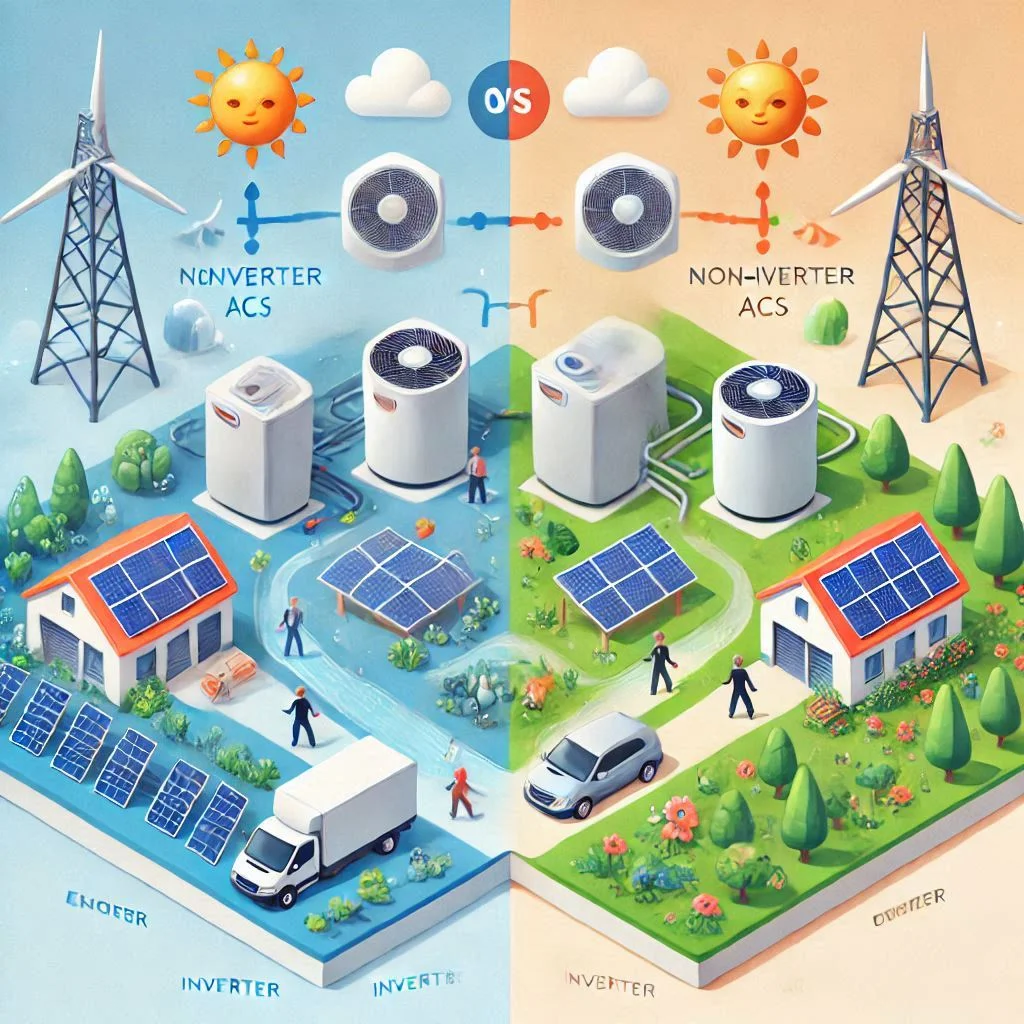 "Illustration showing the difference in energy consumption between inverter and non-inverter ACs, with a comparison of solar panel requirements for each."