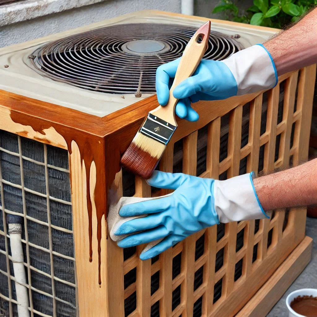 Applying a protective weatherproof stain to a wooden air conditioner cover.