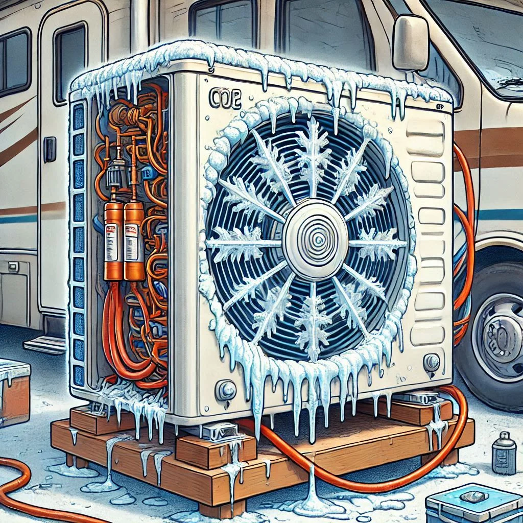 Illustration showing a freezing coil in an RV air conditioner with visible frost and ice formation on the refrigerant lines.