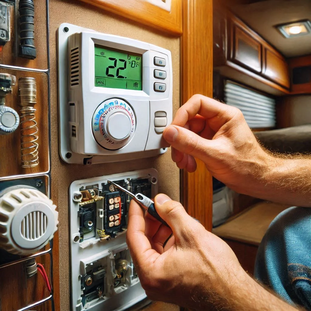 "Close-up image of a technician removing and replacing a wall thermostat in an RV air conditioning unit."