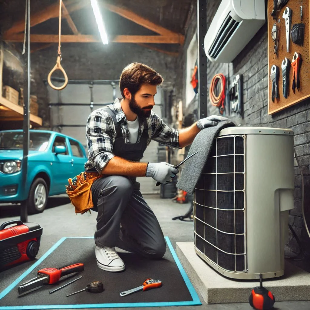 A technician performing routine maintenance on an AC unit in a garage gym, such as cleaning filters or inspecting the system.